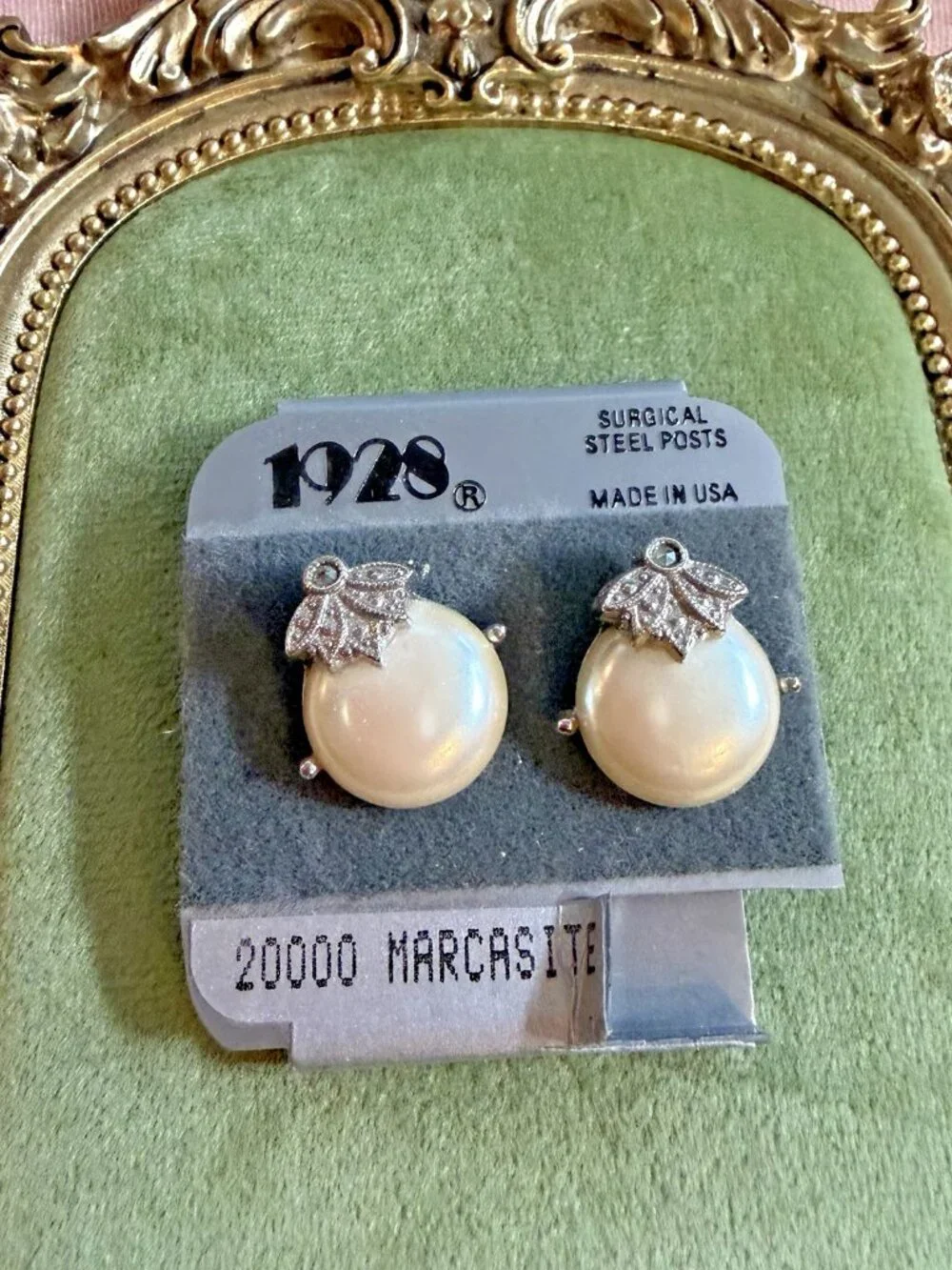 Vintage 1928 Faux Pearl Marcasite Stud Earrings Surgical Steel Posts USA NOS - Picture 3 of 5